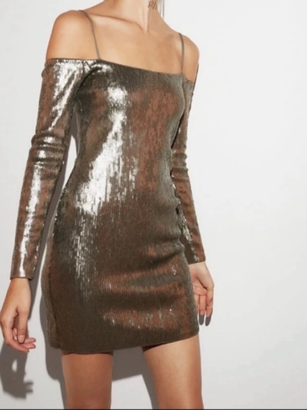 Express Bronze Sequin Off-Shoulder Mini Dress